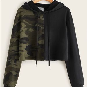 Two Toned Camo Panel Crop Hoodie
